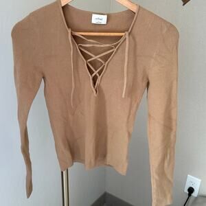 Wilfred Sweater Womens Small Tan Lace Up V Neck Ribbed Knit Long Sleeve Fitted